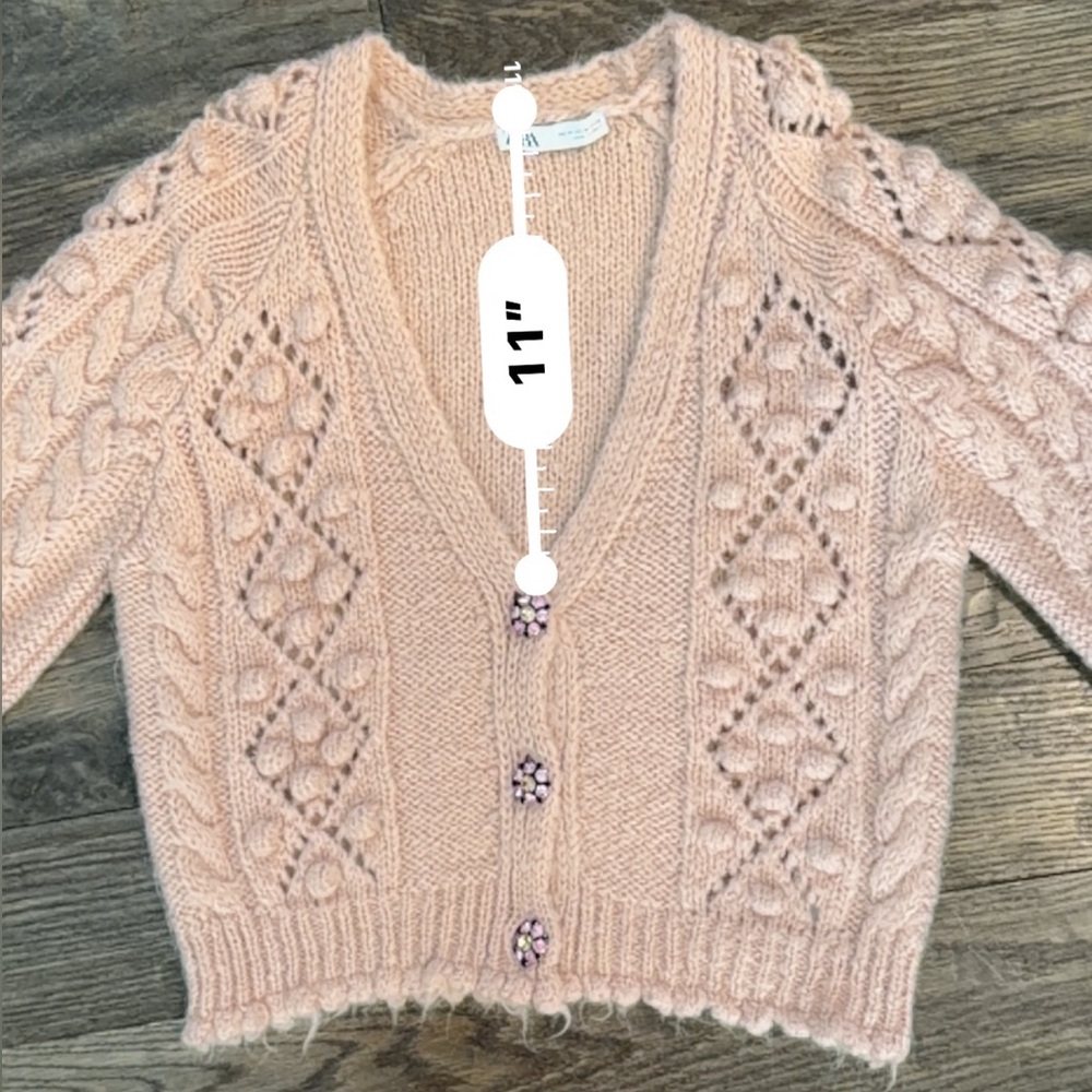 Zara Blush Pink Fuzzy Cable Knit Cardigan with Cute Buttons - Picture 12 of 16